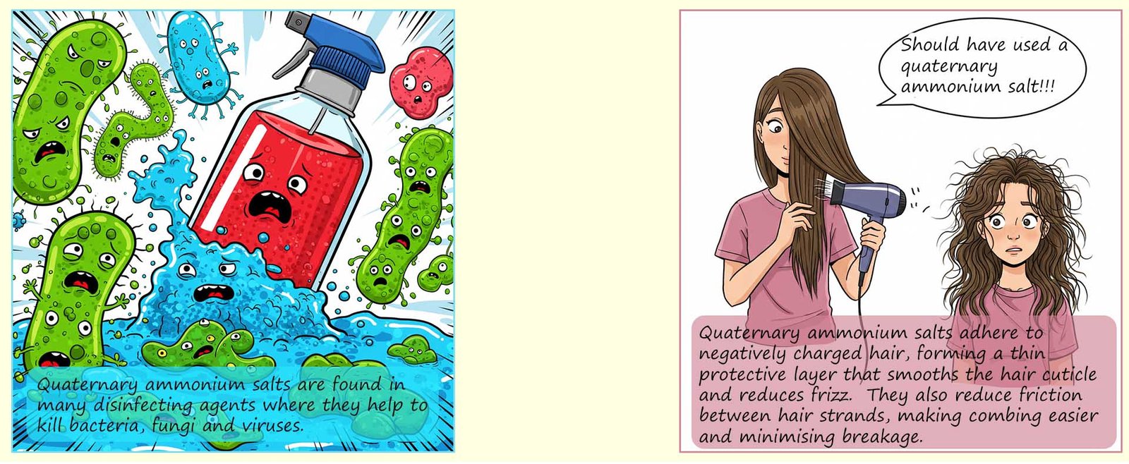 Image to show uses of quaternary ammonium salts including in shampoos and conditioners and as an anti-microbial agent which is used to kill bacteria, viruses and fungi